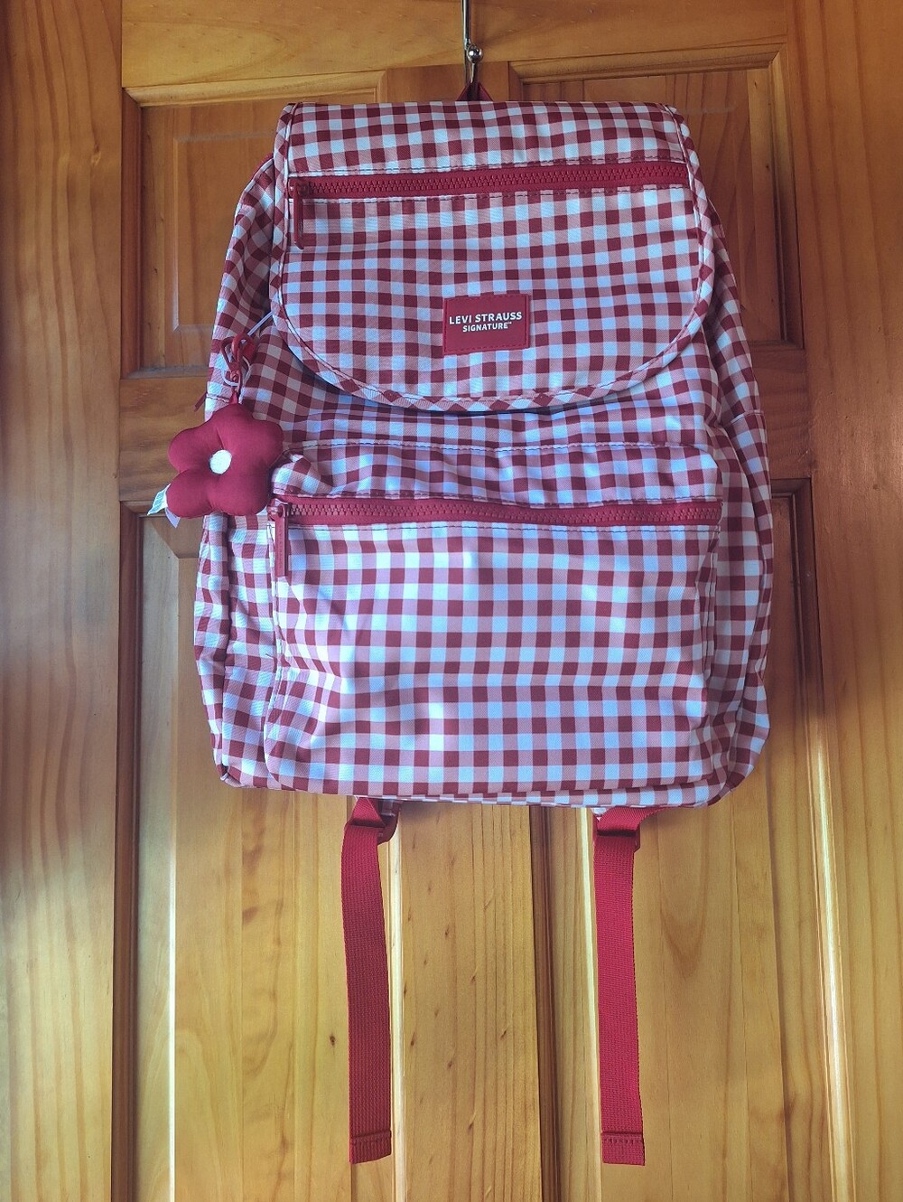 Levi's Red and White Gingham Backpack with Flower Charm w/ 15" Laptop Sleeve.